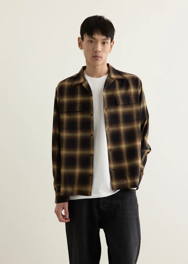 Saturdays NYC Marco Ombre Check Long Sleeve Shirt in KHAKI, image 1 of 1 from Incu
