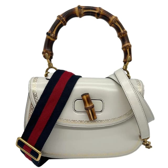 Gucci Bamboo Web Medium Printed Leather Top Handle Shoulder Bag Off White 495880 in White Leather from Dallas Designer Handbags, photo 1 of 1