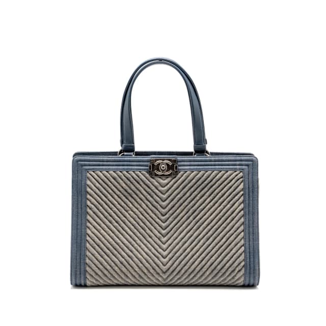 Chanel 15P Boy Chevron Shopping Tote Bag Denim/ Lambskin Blue Ruthenium Hardware in Blue Lambskin from EMIER, photo 1 of 1