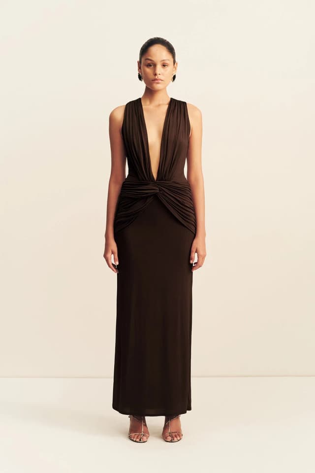 Shona Joy MIRO SLINKY JERSEY PLUNGED MAXI DRESS - RISTRETTO, image 1 of 1 from Shona Joy