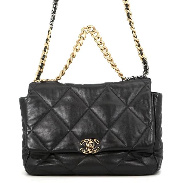Chanel Chain Shoulder Bag 19 Dizeneuf CC Logo Maxi Shiny Lambskin 2-Way Black in Black Lambskin from The Reluxe, photo 1 of 1