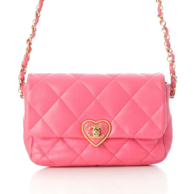 Chanel Leather Quilted Chain Heart Turnlock CC Logo Shoulder Bag Pink in Pink Leather from The Reluxe, photo 1 of 1