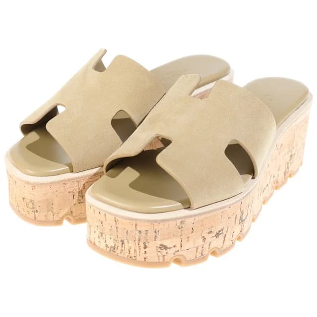 Hermès Eze Wedge Sole Sandals Thick Suede Cork Beige in Beige Suede from The Reluxe, photo 1 of 1