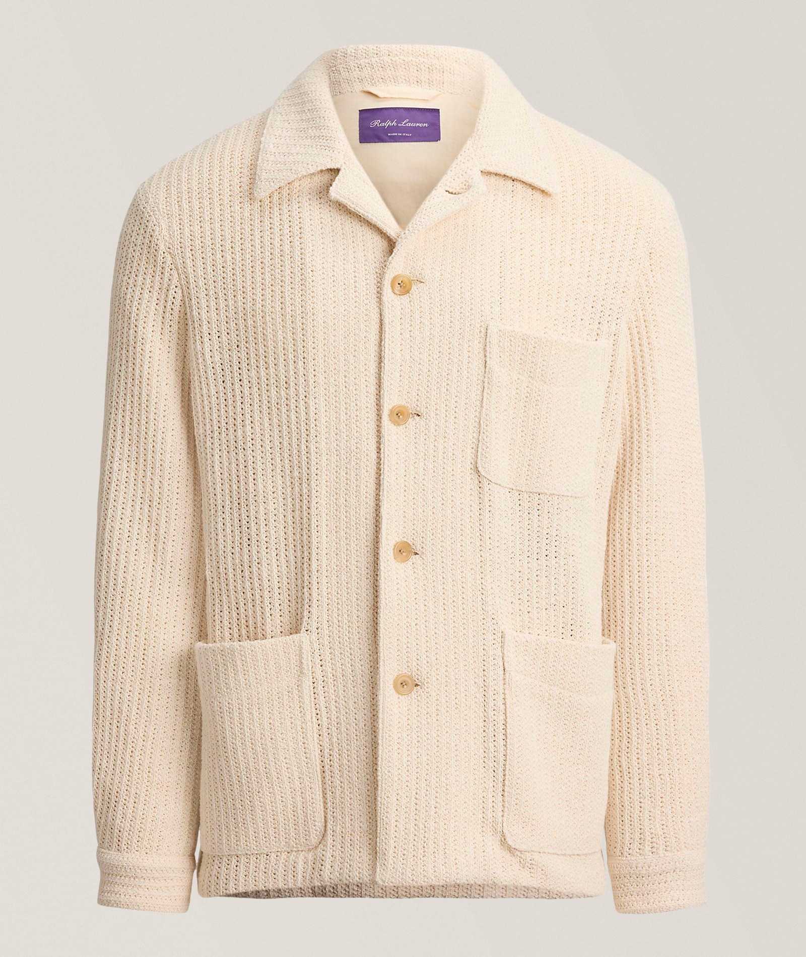 Ralph Lauren Purple Label Cotton Textured Knit Chore Cardigan in Beige Cotton & Cotton Blends, image 1 of 1 from Harry Rosen